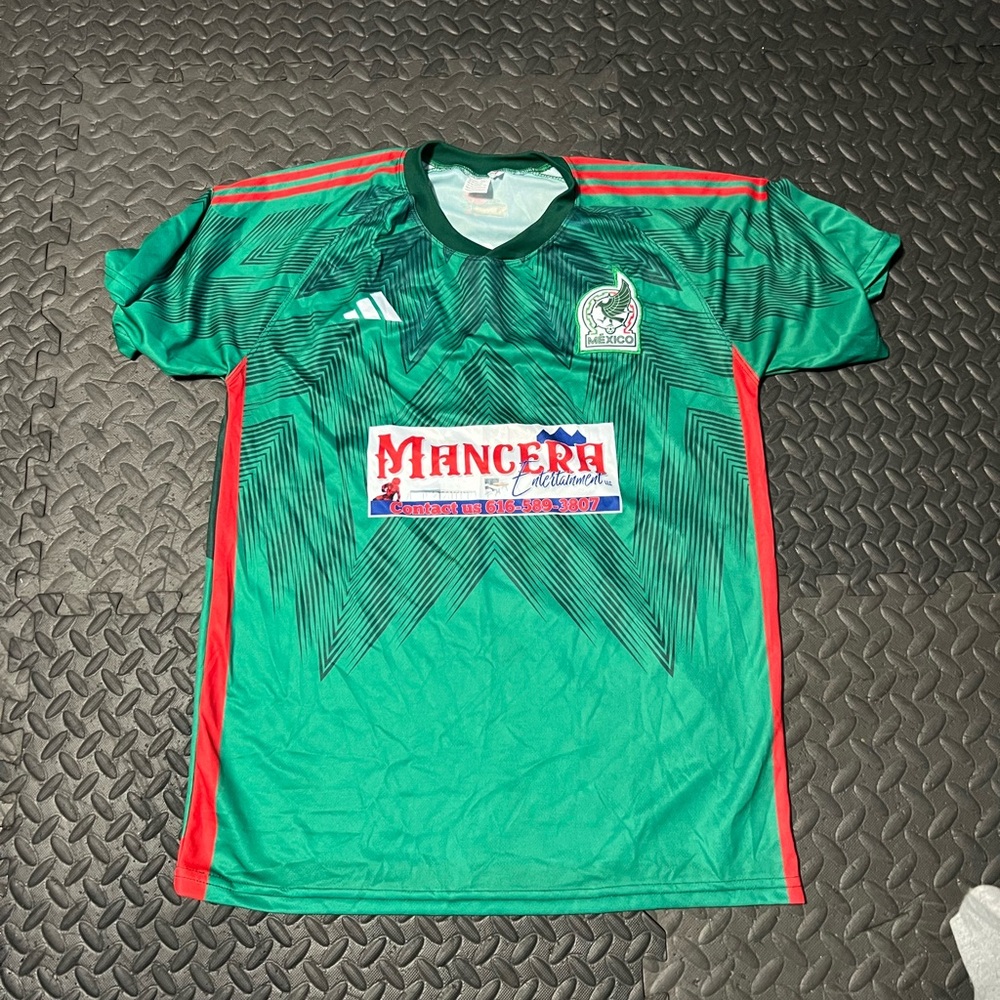 Adidas Green and Red Soccer Jersey with Crew Neck